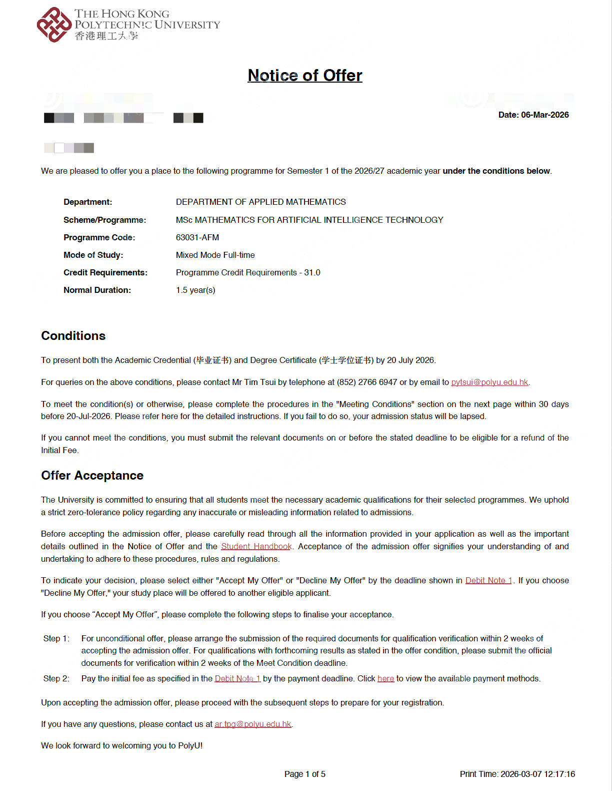 香港理工大学 人工智能技术数学理学硕士 Offer