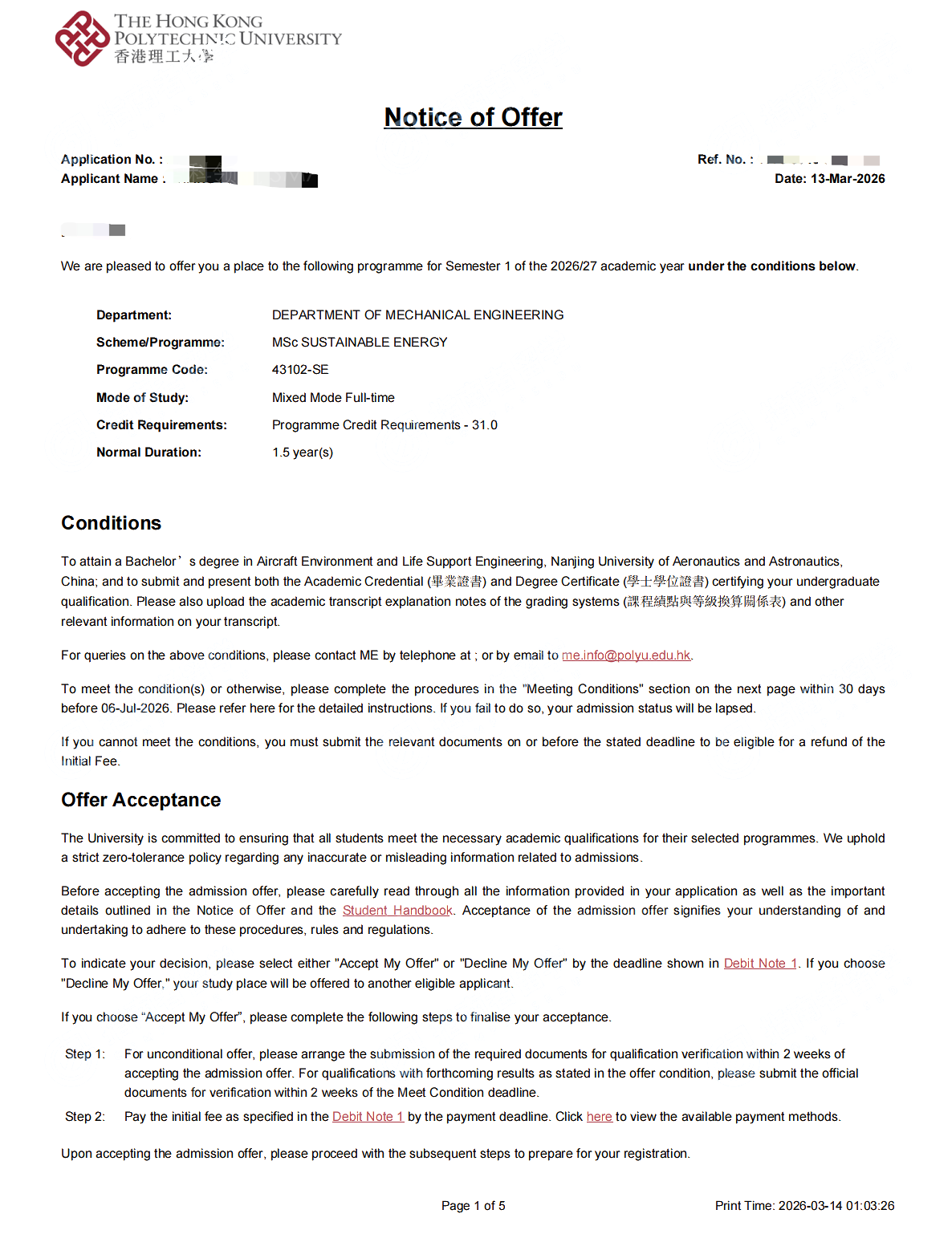 香港理工大学 可持续能源理学硕士 Offer