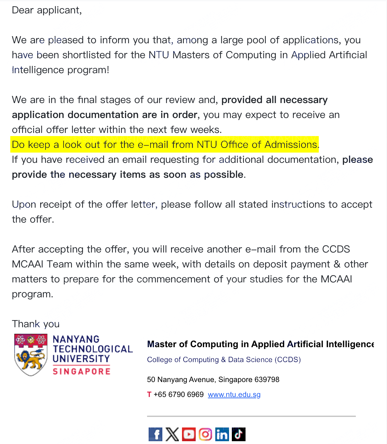 南洋理工大学 应用人工智能计算硕士 Offer
