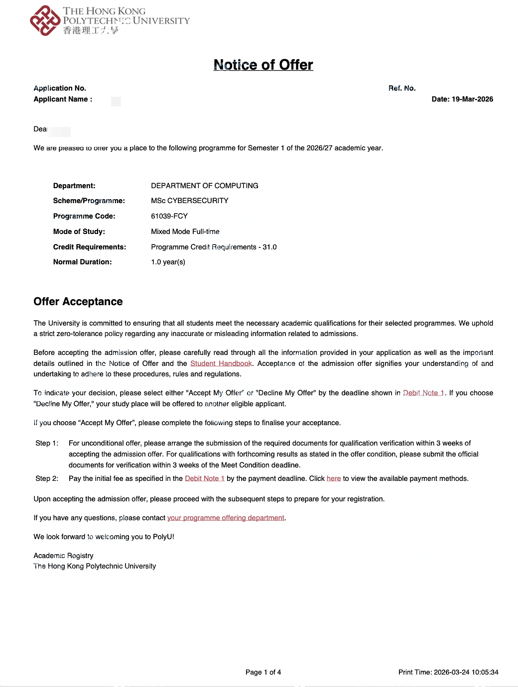 香港理工大学 网络空间安全理学硕士 Offer